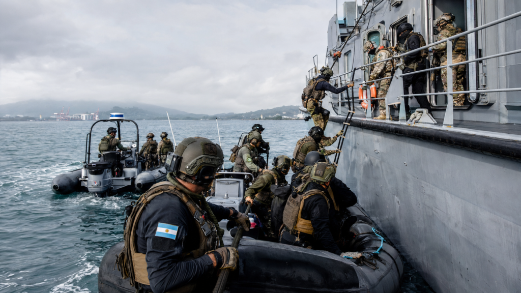 Fuerzas especiales argentinas realizaron un ejercicio de abordaje en el Canal de Panamá. Imagen Generada con AI
