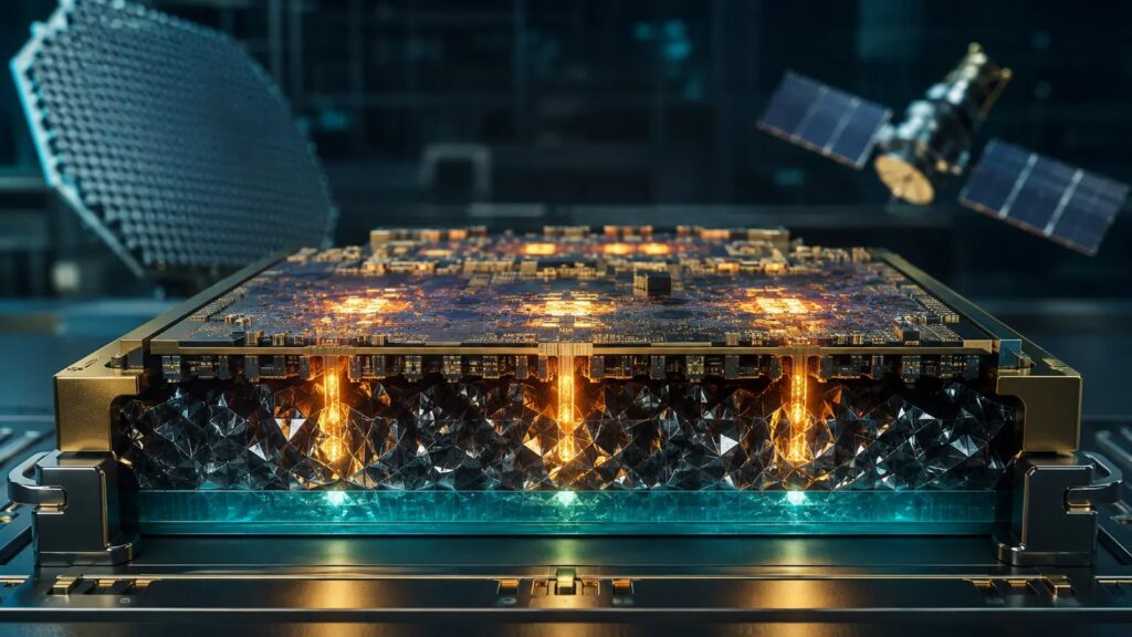 Imagen ilustrativa generada con IA. Explica el principio de refrigeración con diamante; no reproduce un chip, radar ni satélite operacional.