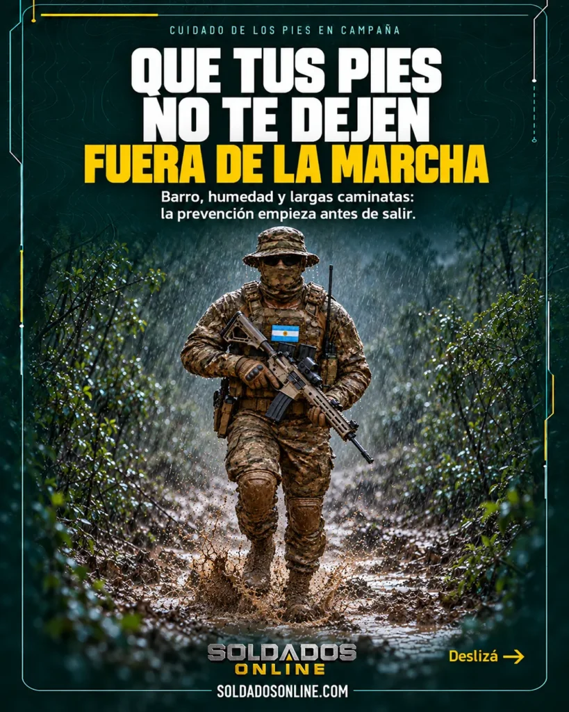 Cuidado de los pies en el terreno para prevenir lesiones por barro y humedad