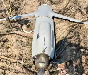 Debris from the chassis of a Filin cruise missile lies on the ground. A photo of debris from the Filin cruise missile, as posted by Sternenko and Beskrestnov. Screenshot via Telegram/Serhii Sternenko